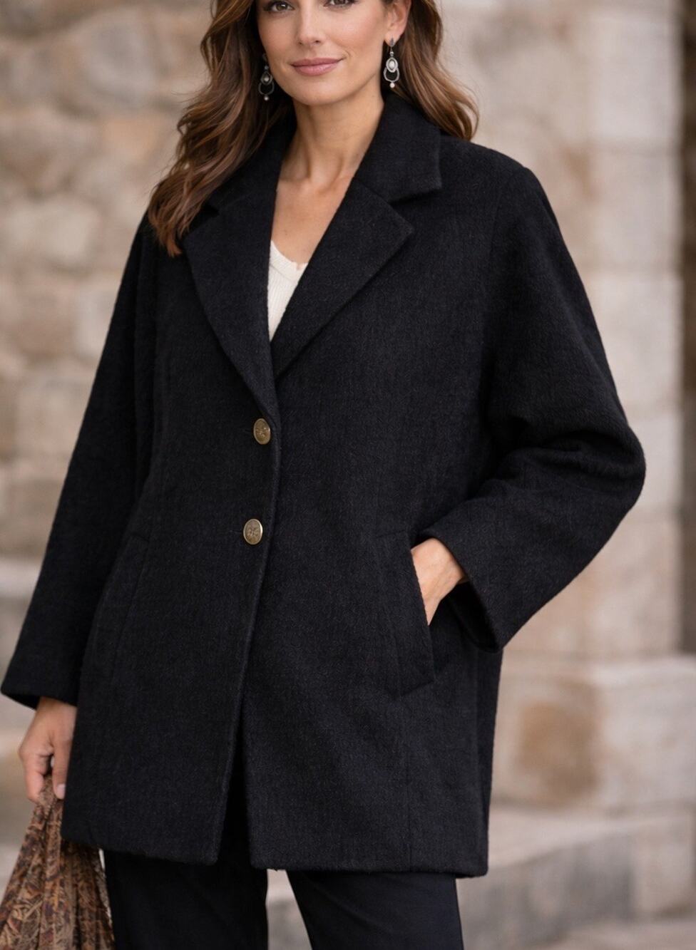 Peruvian Connection Alpaca Wool Coat Women’s L Black Tailored Gold Button Luxury